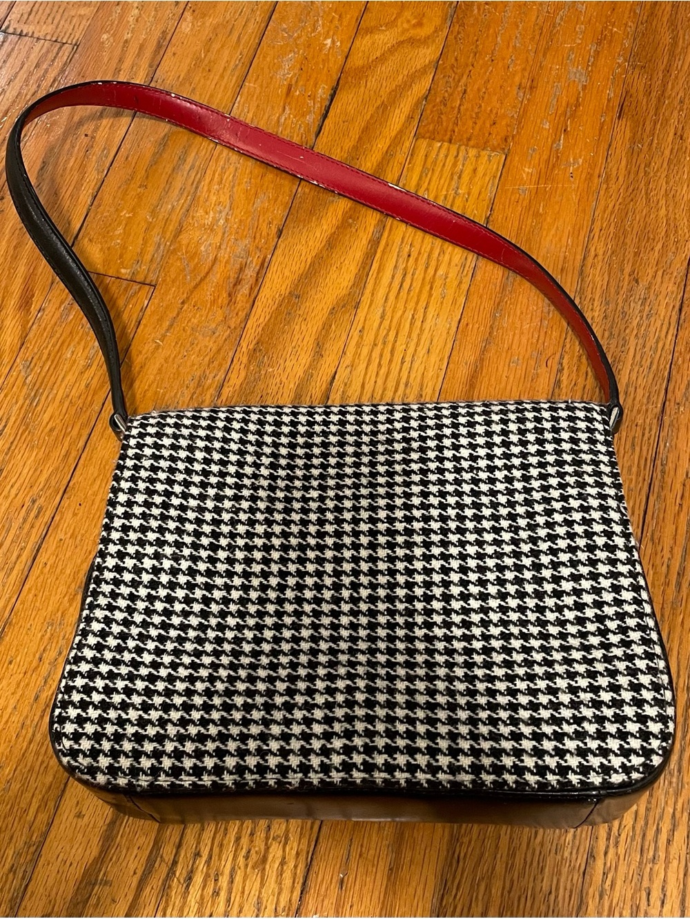 Ann Taylor Houndstooth Shoulder Bag with Red-Trim Strap